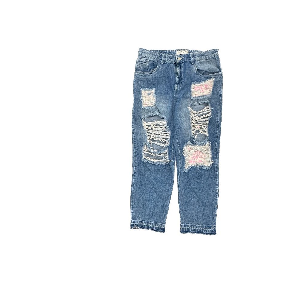 Benedictions Distressed Raw Hem Boyfriend Patches Women's size 10 Blue Jeans